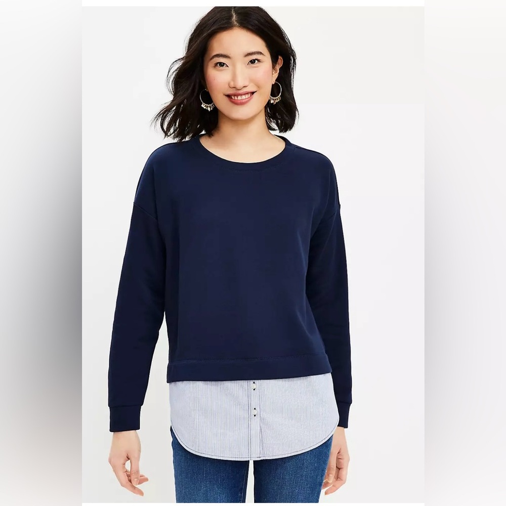 LOFT Layered Mixed Media White Sweatshirt with Blue and White Stripe Shirt Sz XS